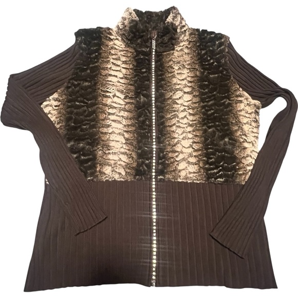 belldini XL Cardigan rhinestone zipper faux fur brown ribbed back and sleeves - Picture 5 of 14
